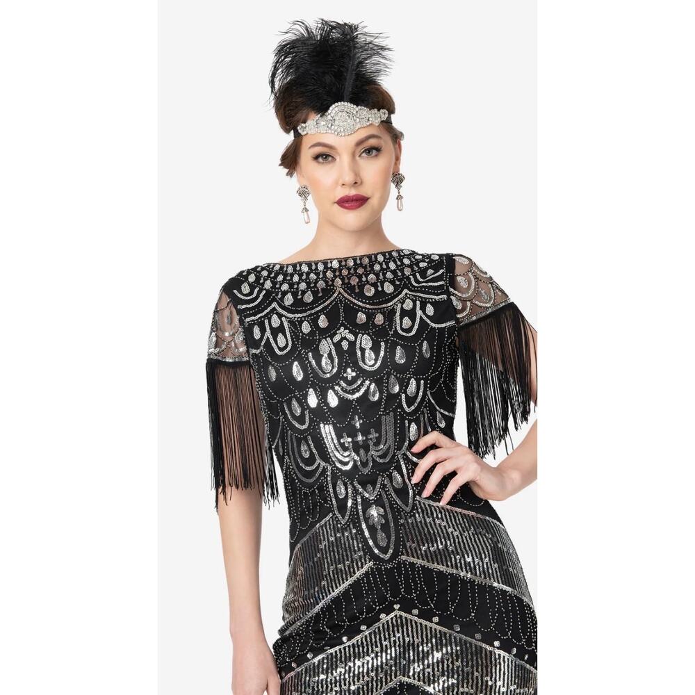 Unique Vintage Black & Silver Sequin Fringe Sleeved Laure Flapper Dress M NWOT - Picture 3 of 10